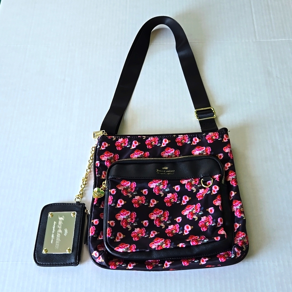 Juicy Couture Varsity Blooms Medium Crossbody Bag Black with Roses